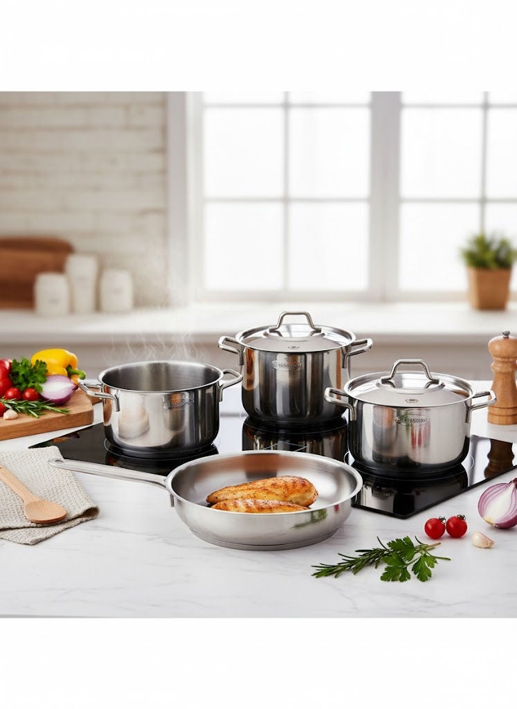 بونيرا طقم قدور طبخ من الستانلس ستيل 18/10 مكوّن من 9 قطع باللون الفضي، المقاسات: قدر عميق 16 سم، قدر عميق 20 سم، قدر عميق 24 سم، قدر منخفض عميق 24 سم، مقلاة 24 سم. - Image 3