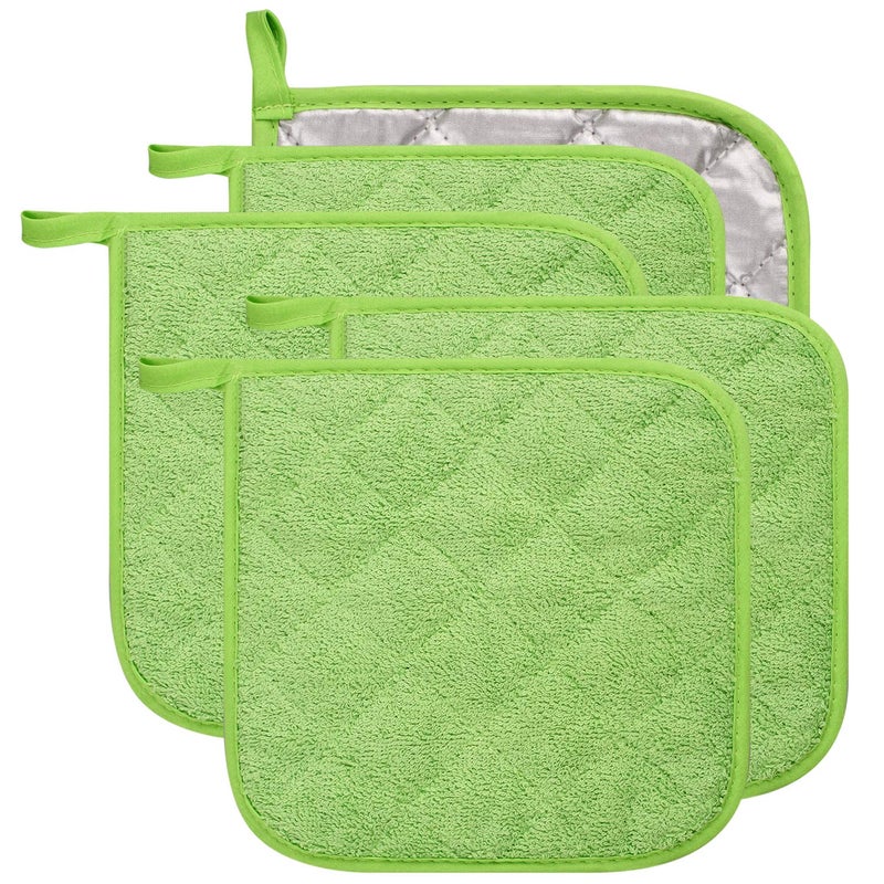 lifaith 100 Cotton Kitchen Everyday Basic Terry Pot Holder Heat Resistant Coaster Potholder for Cooking and Baking Set of 5 Apple Green
