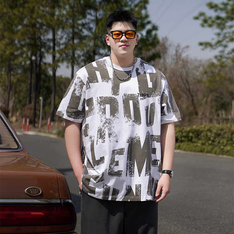 DaiPang Plus Size Studio Men's Summer Short-Sleeved T-Shirt Loose Fat People Increase Weight Embossed Men's Clothes - Image 1