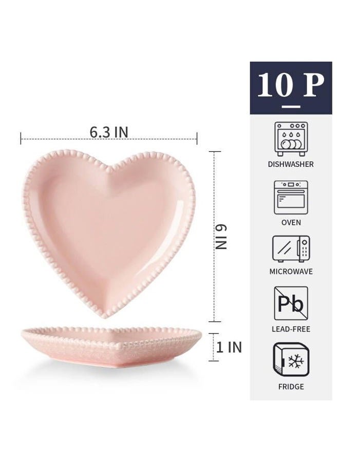 BABALIU 6.3 Inch Porcelain Appetizer Plates Set of 10, Heart Shape Small Dinner Plates, Dessert Salad Plates Serving Dishes for Cake, Snack, Ice Cream, Waffles, Microwave, Oven, Dishwasher Safe, Pink - Image 2