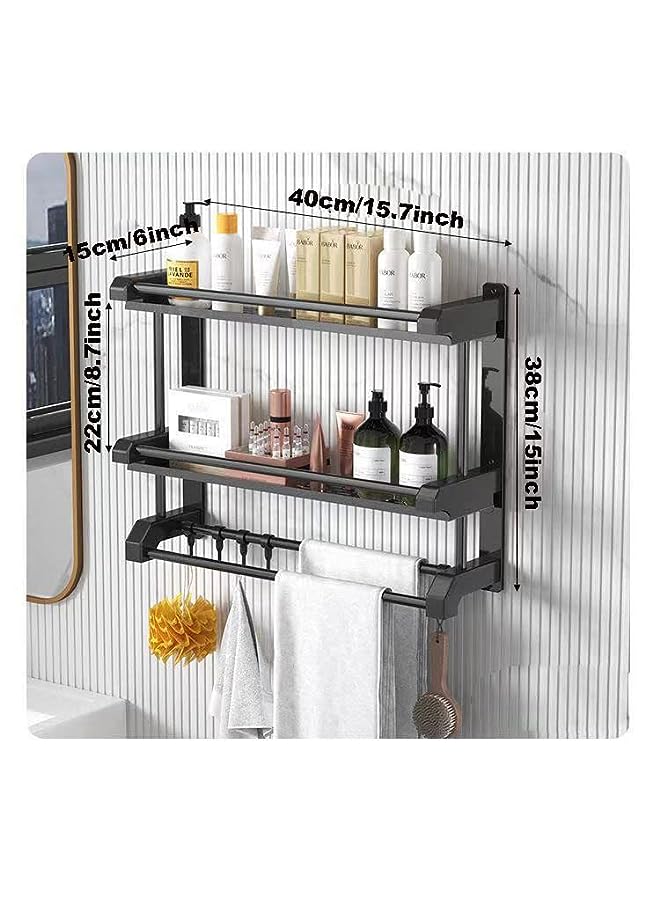Raxoom Adhesive Shower Caddy Basket Shelf with Towel Rack, 2-teir Bathroom Shower Organizer, No Drilling Bathroom Shelves with Hooks for Inside Shower, Bathroom Kitchen Storage (Black) - Image 4