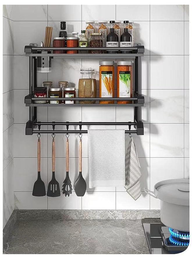 Raxoom Adhesive Shower Caddy Basket Shelf with Towel Rack, 2-teir Bathroom Shower Organizer, No Drilling Bathroom Shelves with Hooks for Inside Shower, Bathroom Kitchen Storage (Black) - Image 2