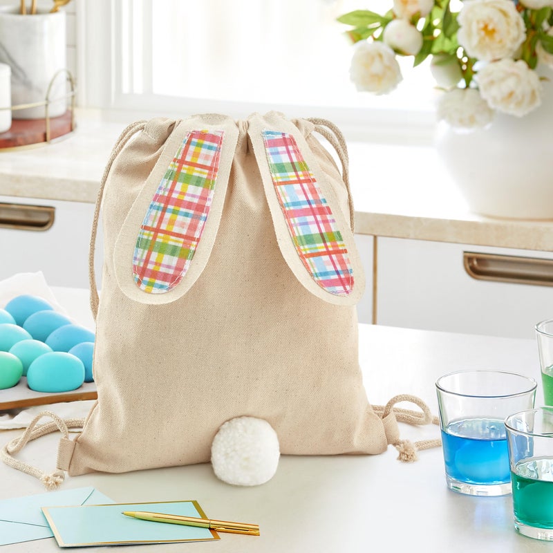 Hallmark Easter Bunny Canvas Reusable Gift Bag with Drawstring (Spring Plaid) for Easter Egg Hunt - Image 2