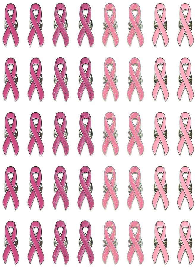 sticro 40 Pieces Pink Ribbon Pin Set Breast Cancer Awareness Enamel Lapel Pins with Glitter Filled, 4 Colors 10 Pcs Each - Image 1