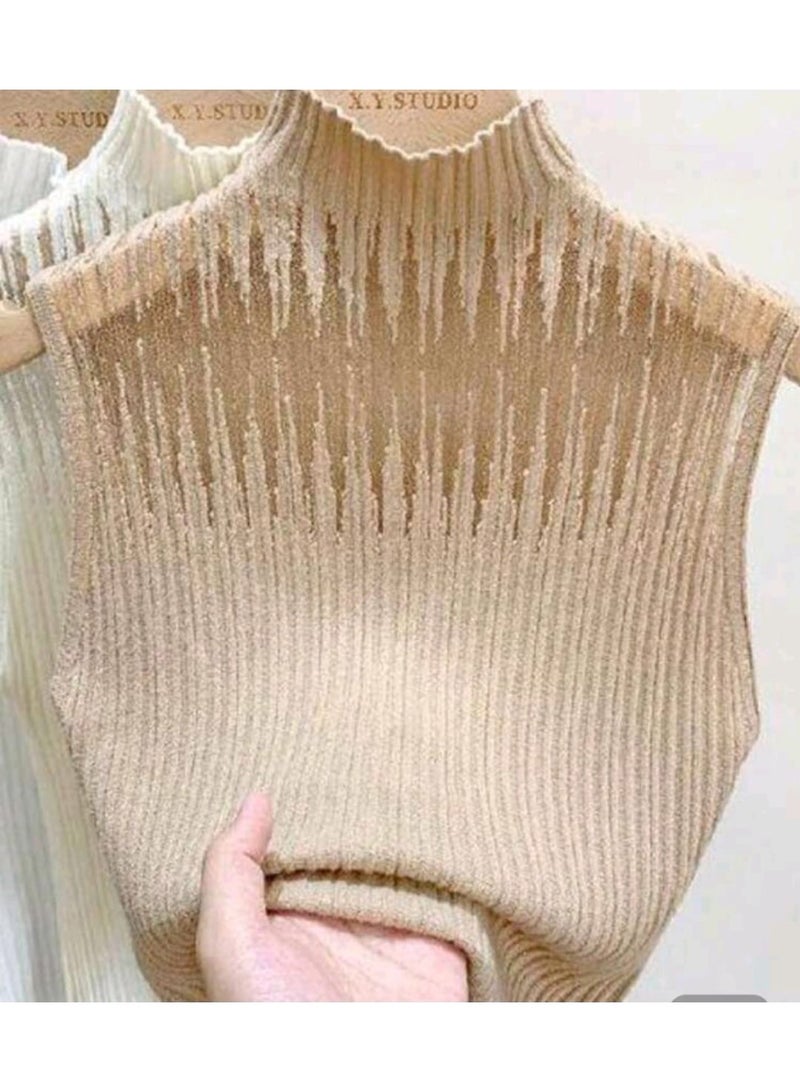 شي إن بلوزة نسائية قطعة واحدة، بيج اللون، شبكية، بفتحات، بياقة عالية - Image 1