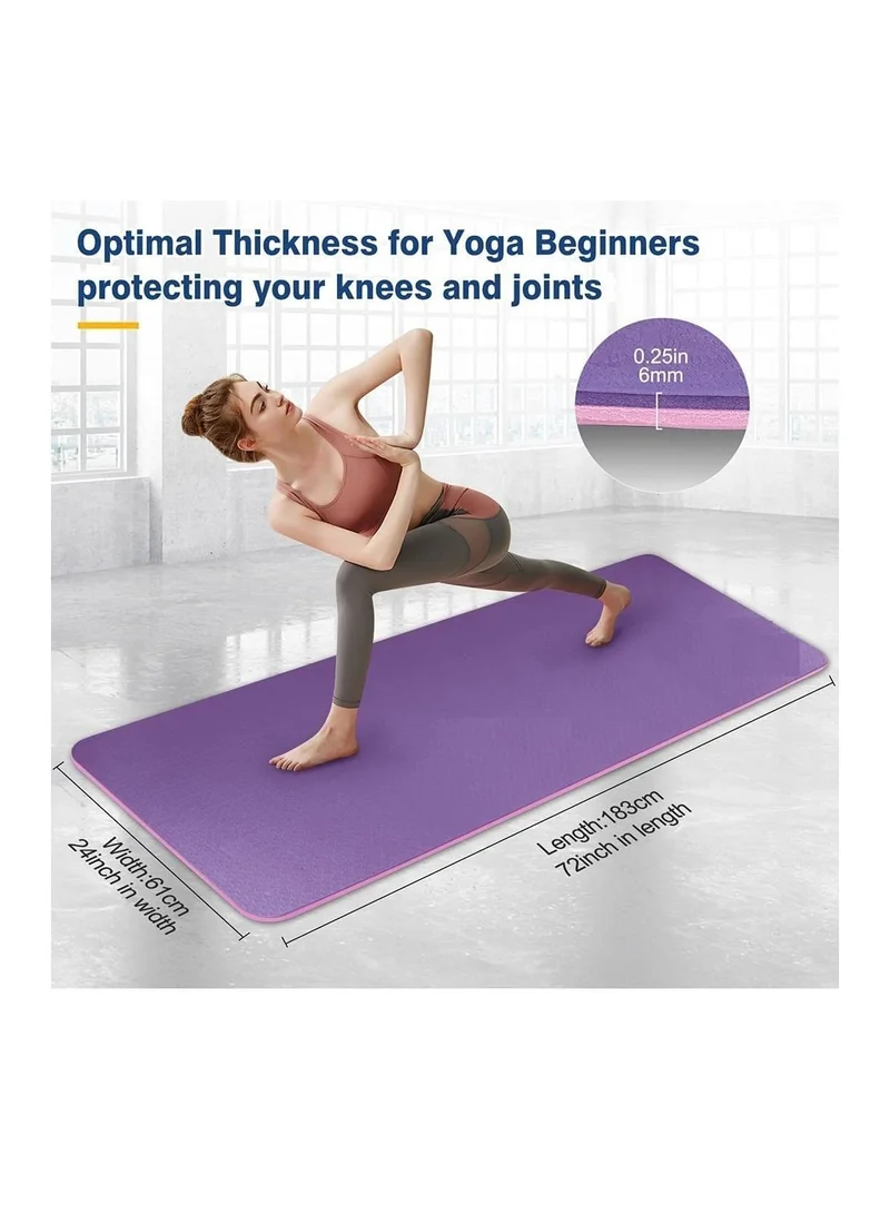 ماهمير ماهمير سجادة يوجا مضادة للانزلاق مع حقيبة حمل، سجادة اللياقة البدنية للبيلاتس 183 سم × 61 سم × 6 ملم سمك للنساء والرجال والمبتدئين (أرجواني + وردي).