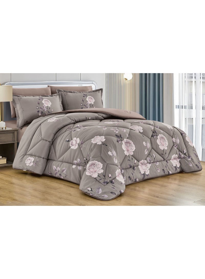 Floral Printed Quilted Comforter Bedding Set with Rose Pattern, Light Taupe