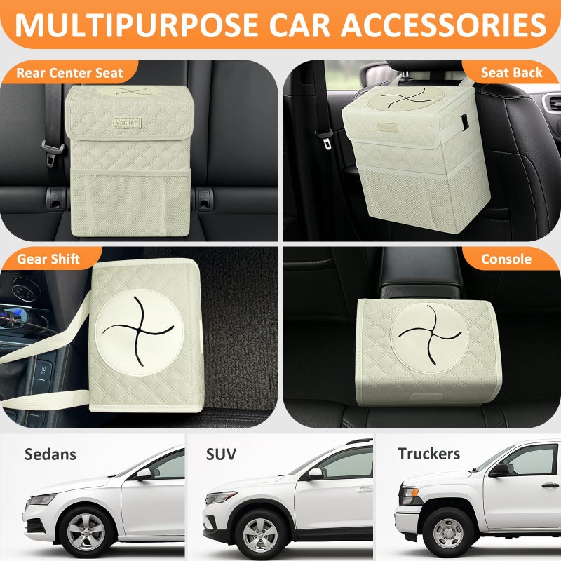 Vankor White Car Trash Can Cute, White Car Accessories for Women Waterproof Automotive Garbage Cans Leak Proof Vehicle Trash Can Diamond Pattern-Beige - Image 5
