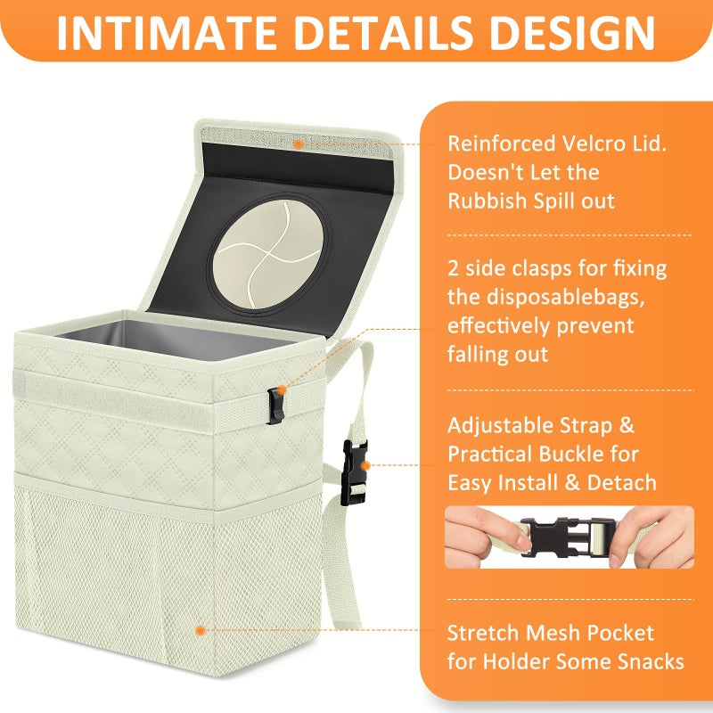 Vankor White Car Trash Can Cute, White Car Accessories for Women Waterproof Automotive Garbage Cans Leak Proof Vehicle Trash Can Diamond Pattern-Beige - Image 4