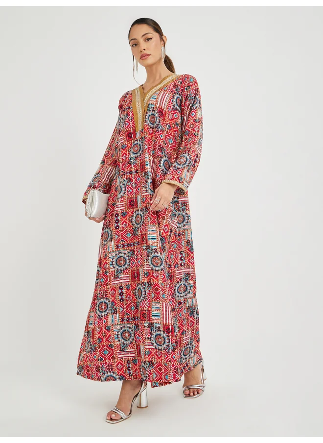 Maxim Creation Maxim Creation Haute Couture Abstract Print V Neck Jalabiya with Lace Detail