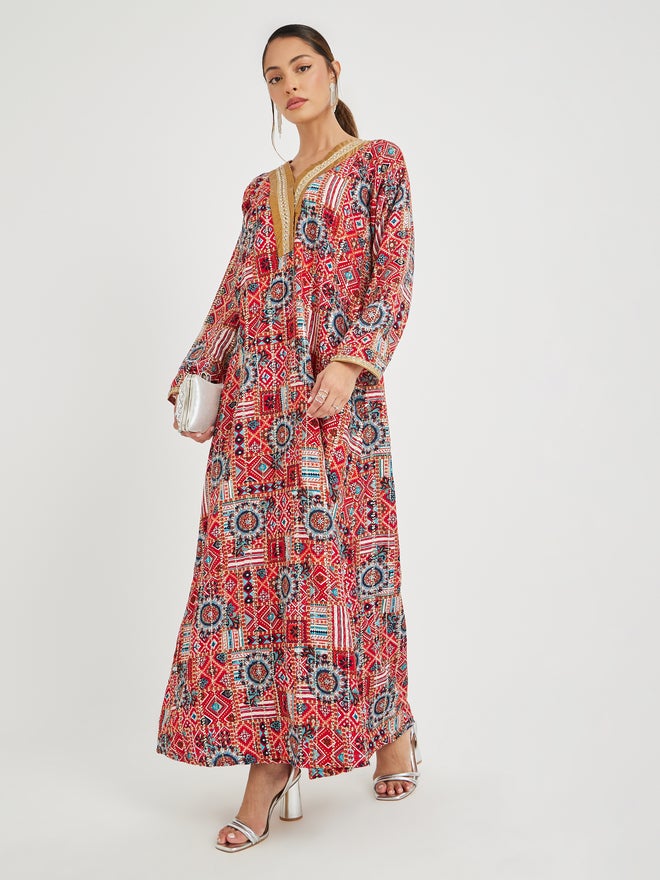 Styli Styli Haute Couture Abstract Print V Neck Jalabiya with Lace Detail - Image 2
