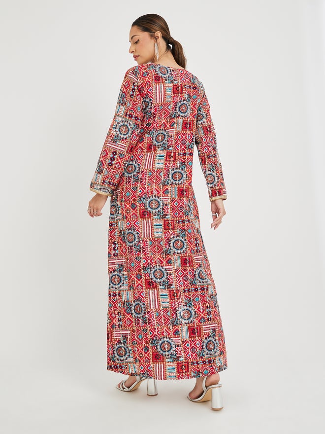 Styli Styli Haute Couture Abstract Print V Neck Jalabiya with Lace Detail - Image 5