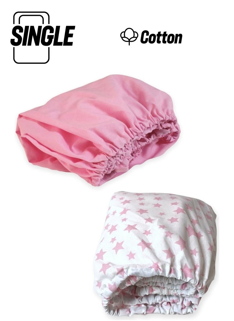 Bebek Özel Baby Special Cotton Baby and Kids Fitted Sheet Pink and Pink Stars 80X140 (2 Pieces) 