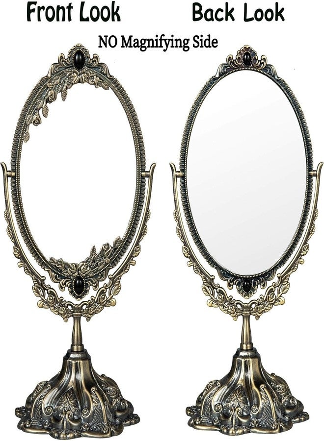 Feyarl مرآة مكياج معدنية صغيرة عتيقة من فيارل بتصميم زهور، مرآة بيضاوية دوارة مزدوجة الجوانب مع قاعدة، زخرفية أنيقة لغرفة الملابس أو غرفة النوم (برونزي) - Image 4