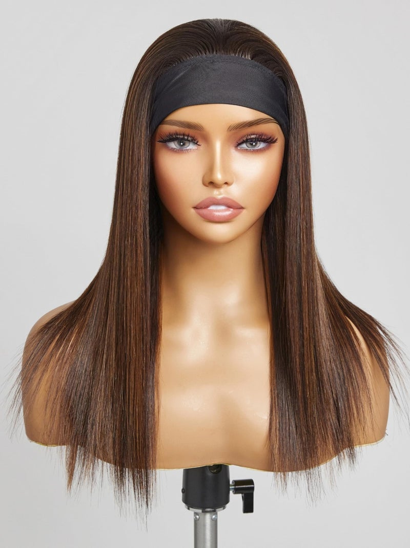 GORGIUS Highlight Headband Wig Straight Hair with Head Band Ready to Go Glueless Synthetic Headband Wig Brown Mix Blonde 16 Inch Long Straight Wig Color 2730 - Image 2
