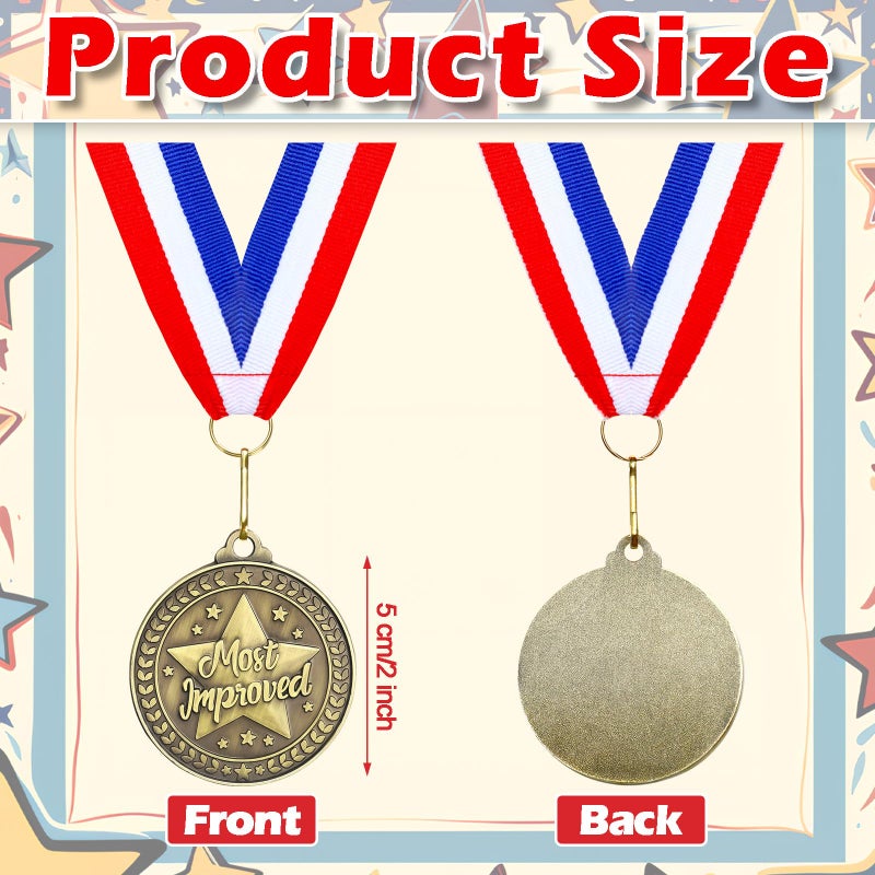 Quelay 30 Pcs 2 ' ' Award Medals Bulk Gold Winner Medals With Neck Ribbons Metal Trophy Award Prize Gift For Tournaments  Competitions  Party  Kids And Adults (Most Improved) - Image 2