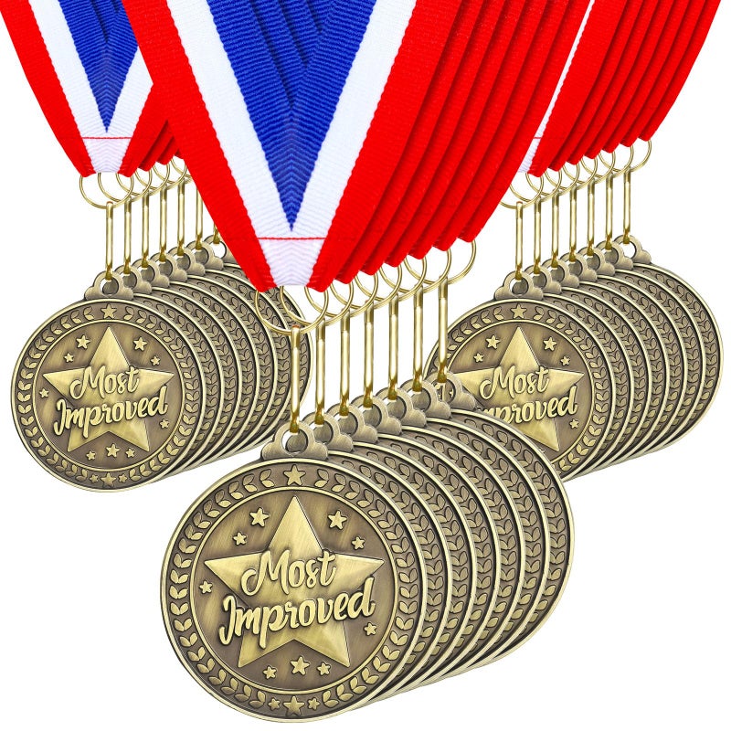 Quelay 30 Pcs 2 ' ' Award Medals Bulk Gold Winner Medals With Neck Ribbons Metal Trophy Award Prize Gift For Tournaments  Competitions  Party  Kids And Adults (Most Improved) - Image 1