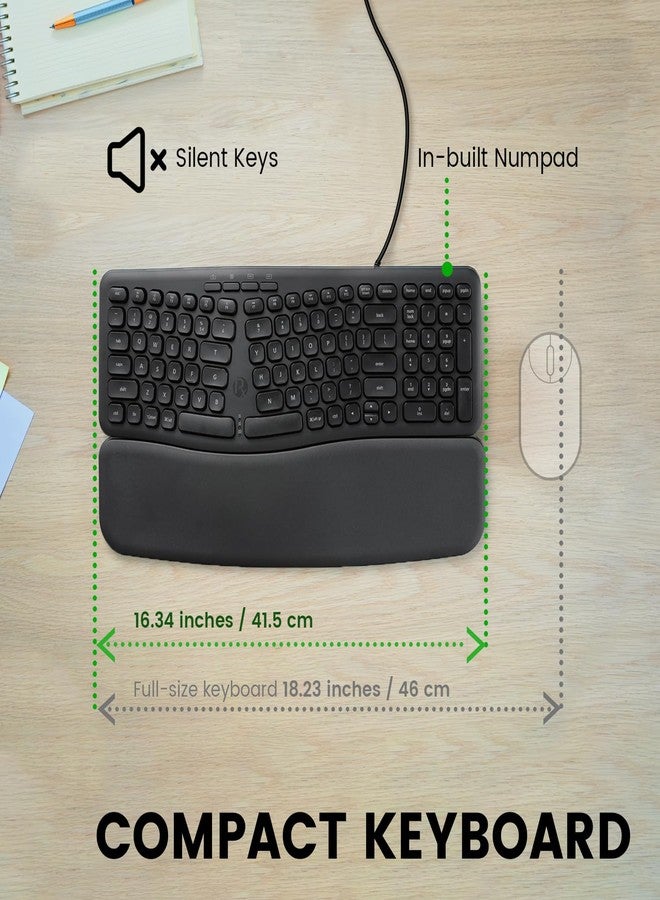 Perixx PERIBOARD-536B US, Wired Ergonomic Compact USB Keyboard - 16.34 x 5.71 x 1.61 inches Dimension - Build-in Number Pad - Detachable Wrist Rest - Silent Typing - Black - Image 3