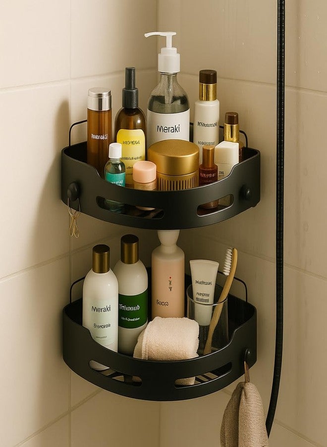 SNAPPSY Bathroom Triangle Storage Rack | 2Floor Elegant Black WallMounted Organizer | Adhesive Suction Holders for Towels, Toiletries, and Cleaning Supplies | Waterproof & Versatile - Image 3