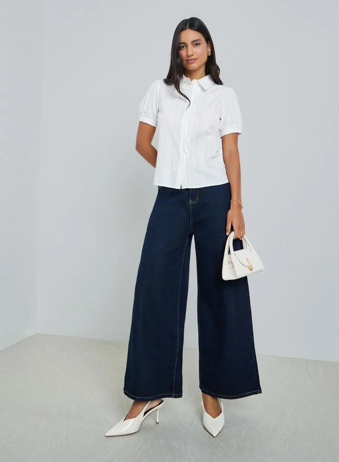 Styli White Ruffle Front Dobby Shirt