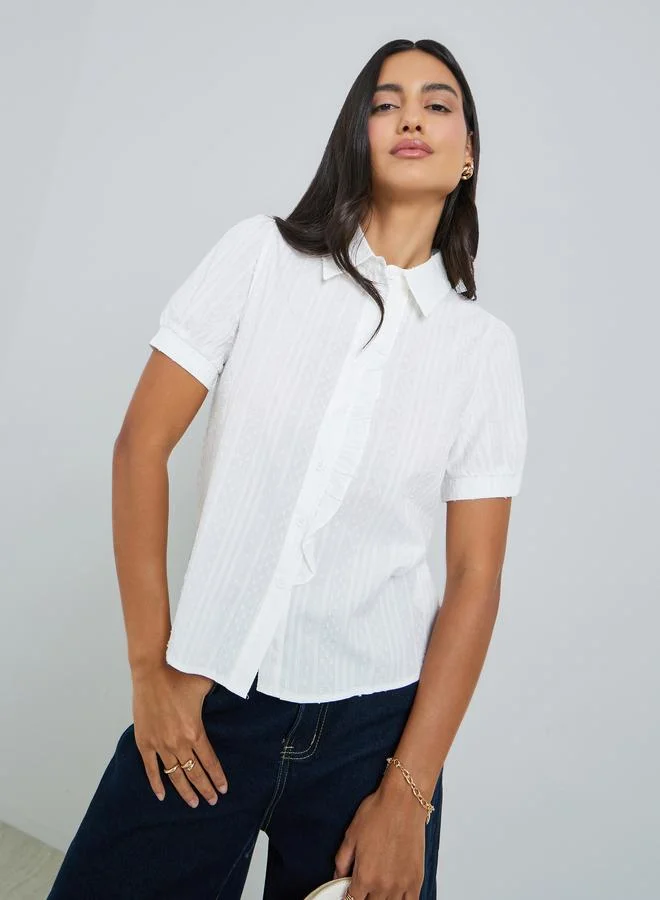 Styli White Ruffle Front Dobby Shirt