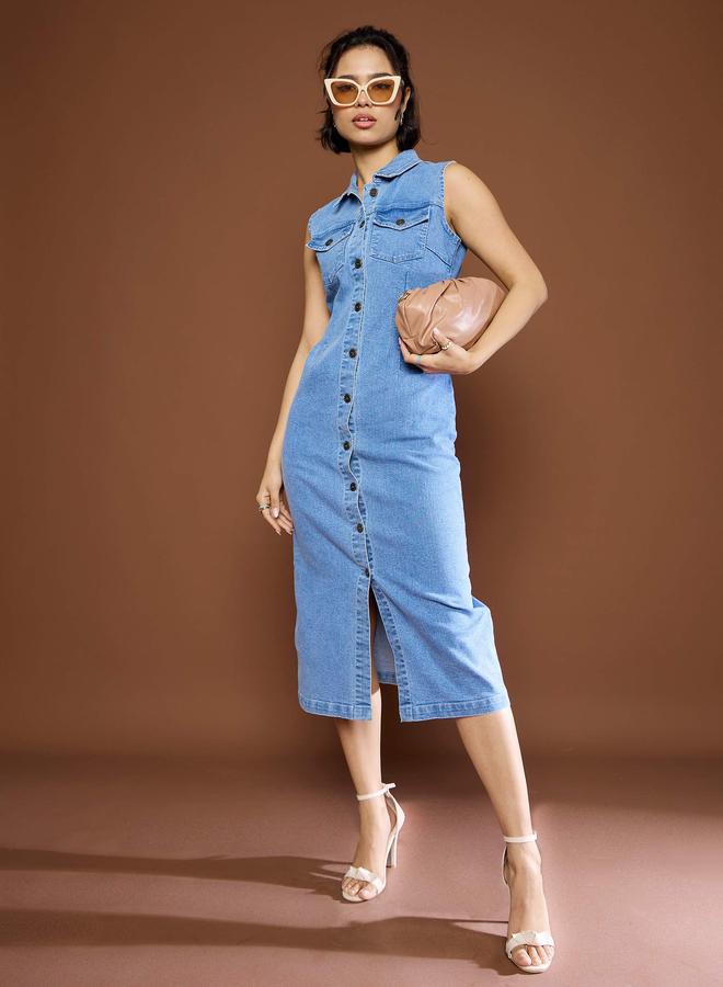Sassafras Blue Denim Front Button Midi Dress - Image 1