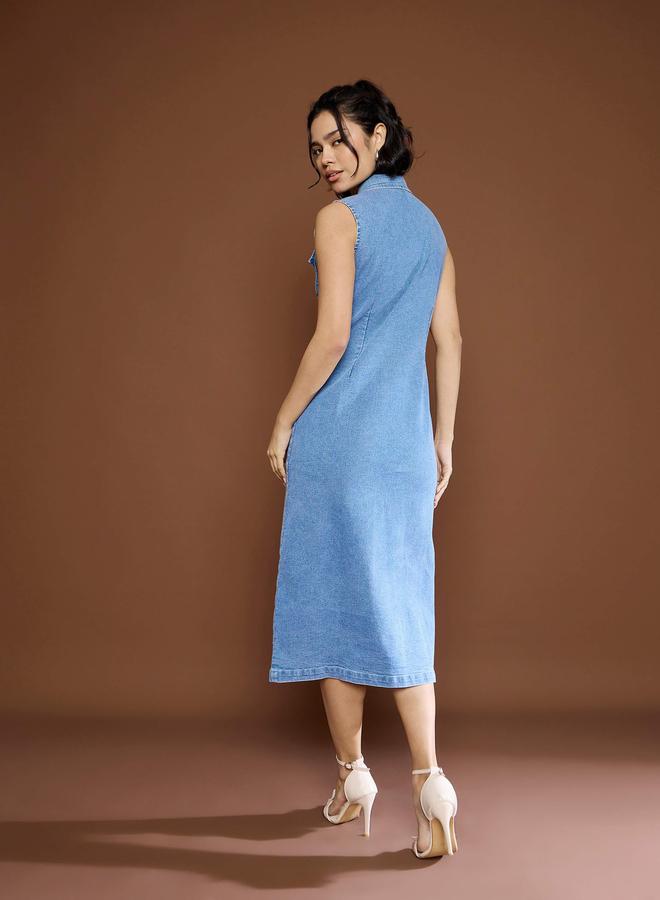 Sassafras Blue Denim Front Button Midi Dress - Image 5