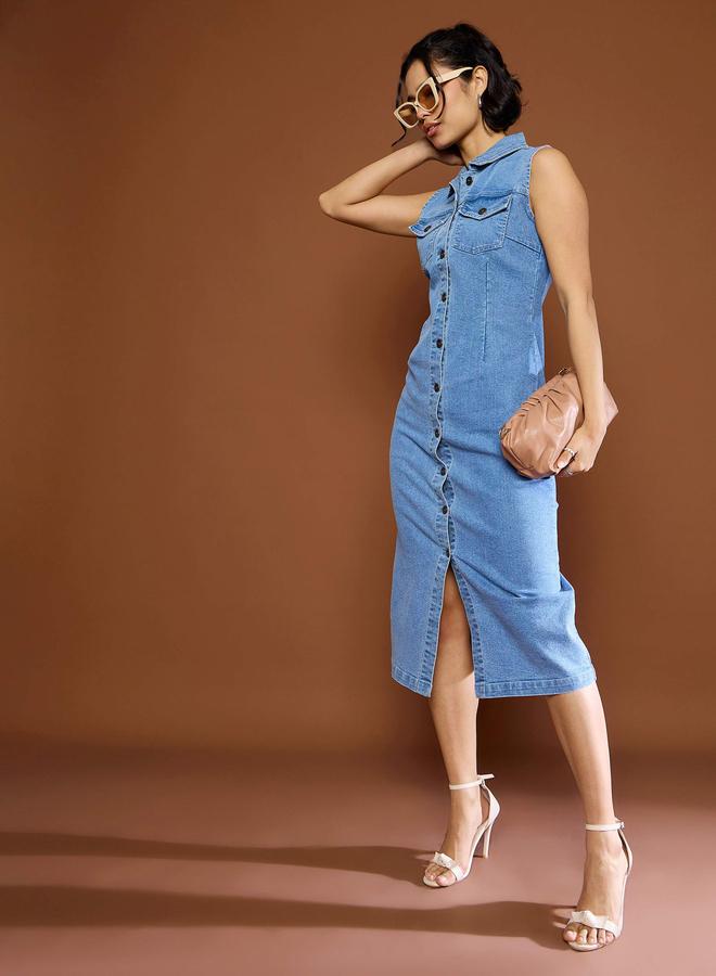 Sassafras Blue Denim Front Button Midi Dress - Image 3