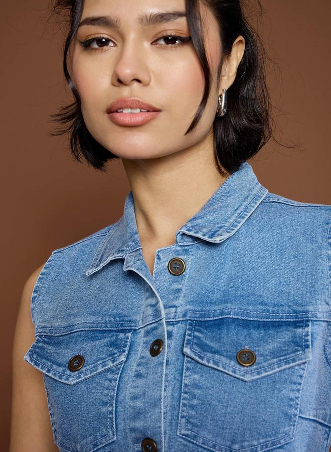 Sassafras Blue Denim Front Button Midi Dress - Image 4