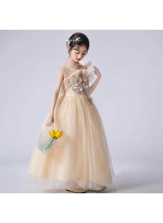 Luobobeibei Girls' Dress Princess Flower Girl Wedding Dress Piano New Year Dress Yellow Dress Size 120 - Image 2