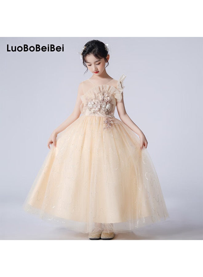 Luobobeibei Girls' Dress Princess Flower Girl Wedding Dress Piano New Year Dress Yellow Dress Size 120 - Image 1