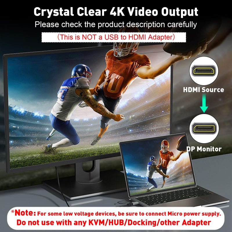 UANTIN HDMI to DisplayPort Adapter (4K 60Hz,1080p 120Hz) Uni-Directional Only, HDMI (Source) to DP (Display) Converter Male to Female for Laptop,AMD,NVIDIA,PS5,Xbox and More - 1 Pack - Image 2