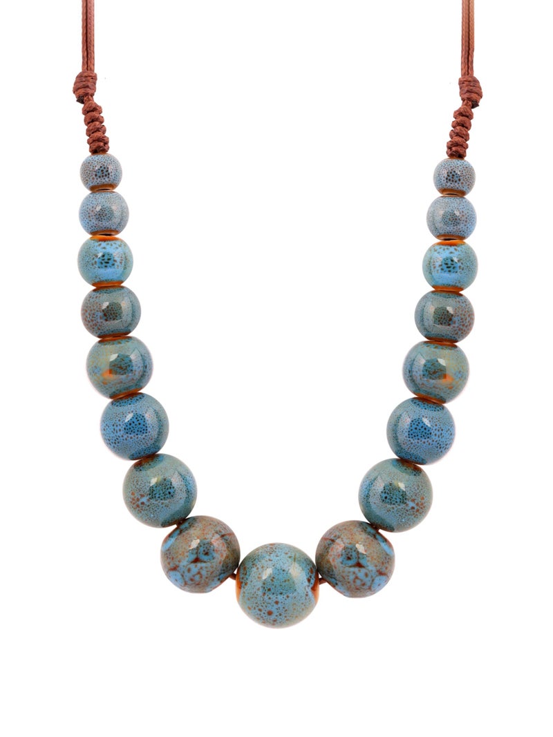 MINACHI Hippie Boho Blue Turquoise Color Ceramic Round Spherical Bead Necklace, Bohemian Jewelry Gifts for Women - Image 1