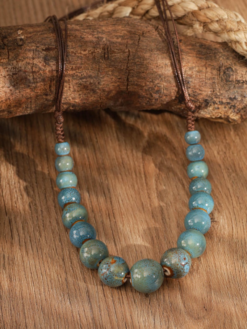 MINACHI Hippie Boho Blue Turquoise Color Ceramic Round Spherical Bead Necklace, Bohemian Jewelry Gifts for Women - Image 3