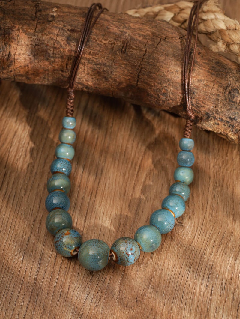MINACHI Hippie Boho Blue Turquoise Color Ceramic Round Spherical Bead Necklace, Bohemian Jewelry Gifts for Women - Image 2