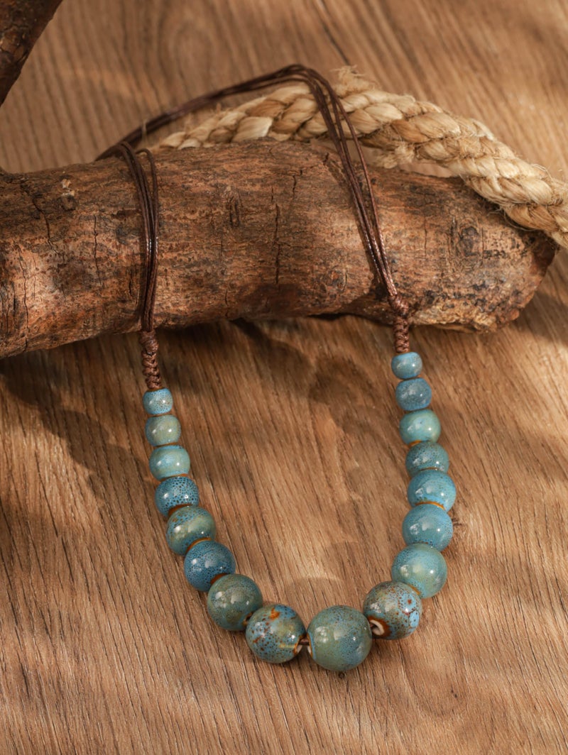 MINACHI Hippie Boho Blue Turquoise Color Ceramic Round Spherical Bead Necklace, Bohemian Jewelry Gifts for Women - Image 4