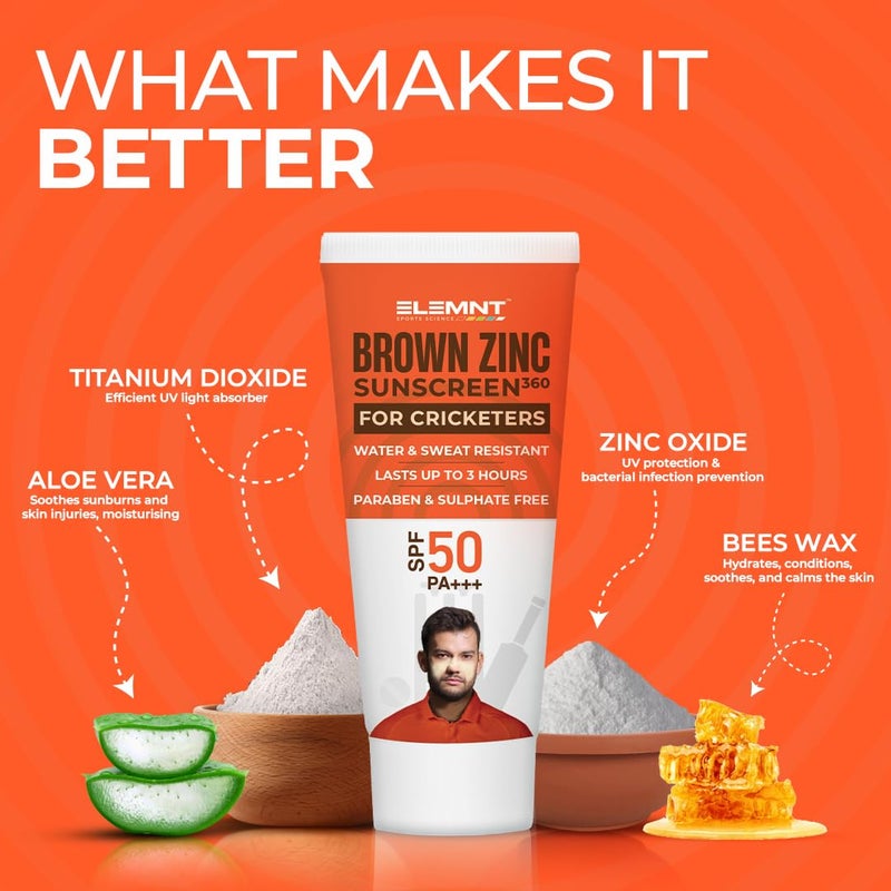 elemnt كريم واقي الشمس من إليمينت بني الزنك للاعبي الكريكيت SPF 50 كريم شمس زنك طيف واسع PA مع الألوة فيرا مصمم للتعرض الشديد للشمس واقي شمس مقاوم للماء للاعبي الكريكيت الرجال والنساء 5050 غرام - Image 3