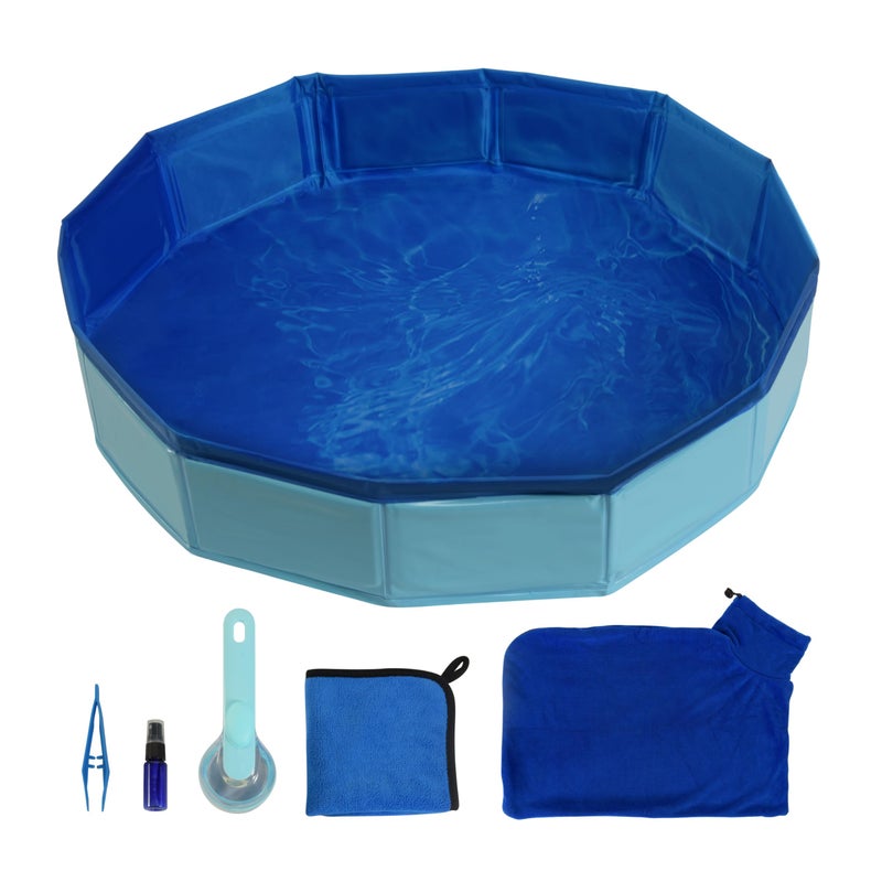 Goblfu Bearded Dragon Foldable Bath Pool with Bath Brush Bathrobe Towel Spray Pot and Tweezer for Puppy Small Dogs Cats Blue 6 n 1 Set - Image 2