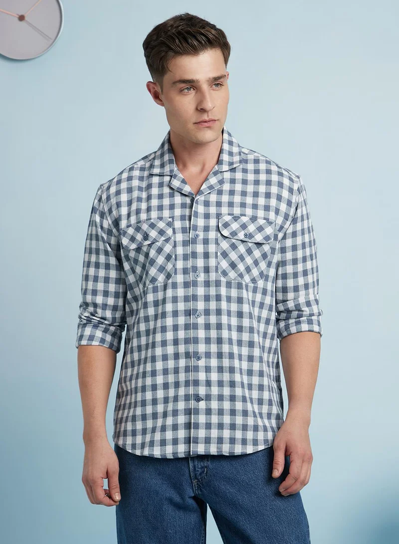 Men's Blue 100% Cotton Checkered Regular Fit Shirt