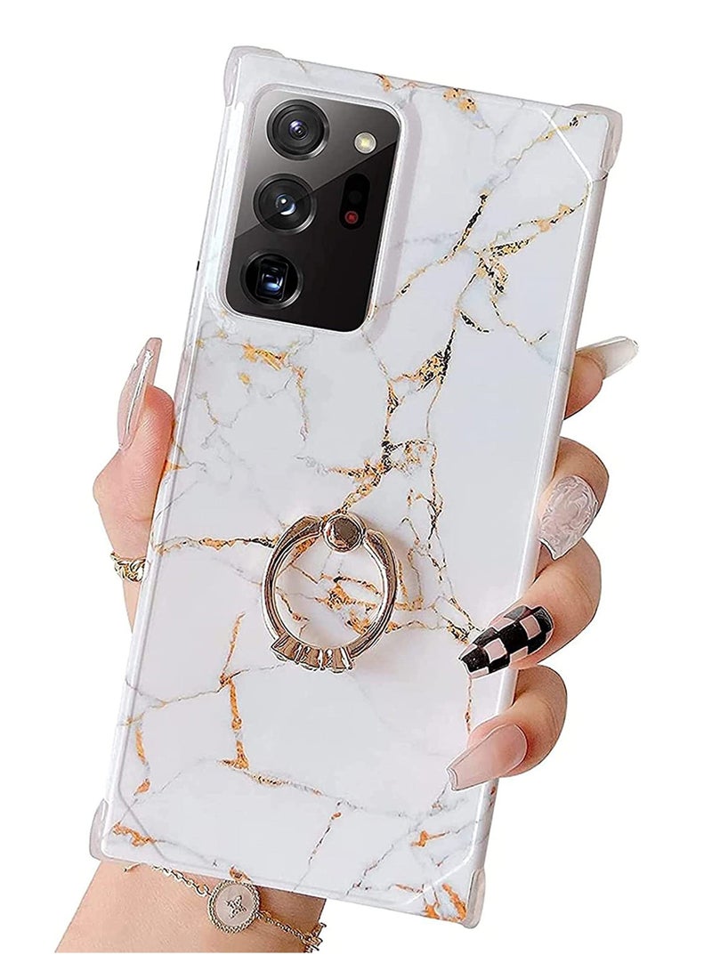For Samsung Galaxy Note 20 Ultra Case,with Ring Holder Diamond Rhinestone, Marble lovely Luxury, Scratch Resistant, Full Coverage, Delicate Touch Feeling, Ultra-thin Case (White Marble) - Image 1