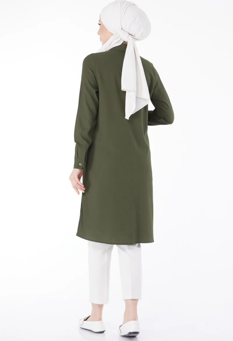 Tofisa Plain Shirt Collar Women's Khaki Pocket Embroidery Detail Tunic - 13123