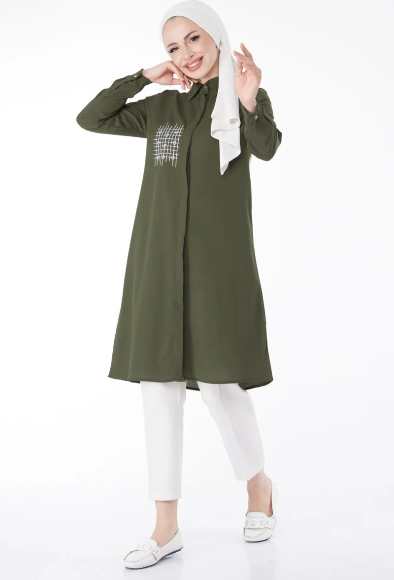 Tofisa Plain Shirt Collar Women's Khaki Pocket Embroidery Detail Tunic - 13123