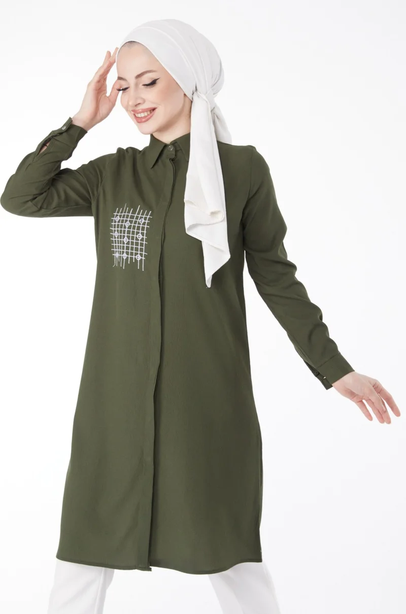 Tofisa Plain Shirt Collar Women's Khaki Pocket Embroidery Detail Tunic - 13123