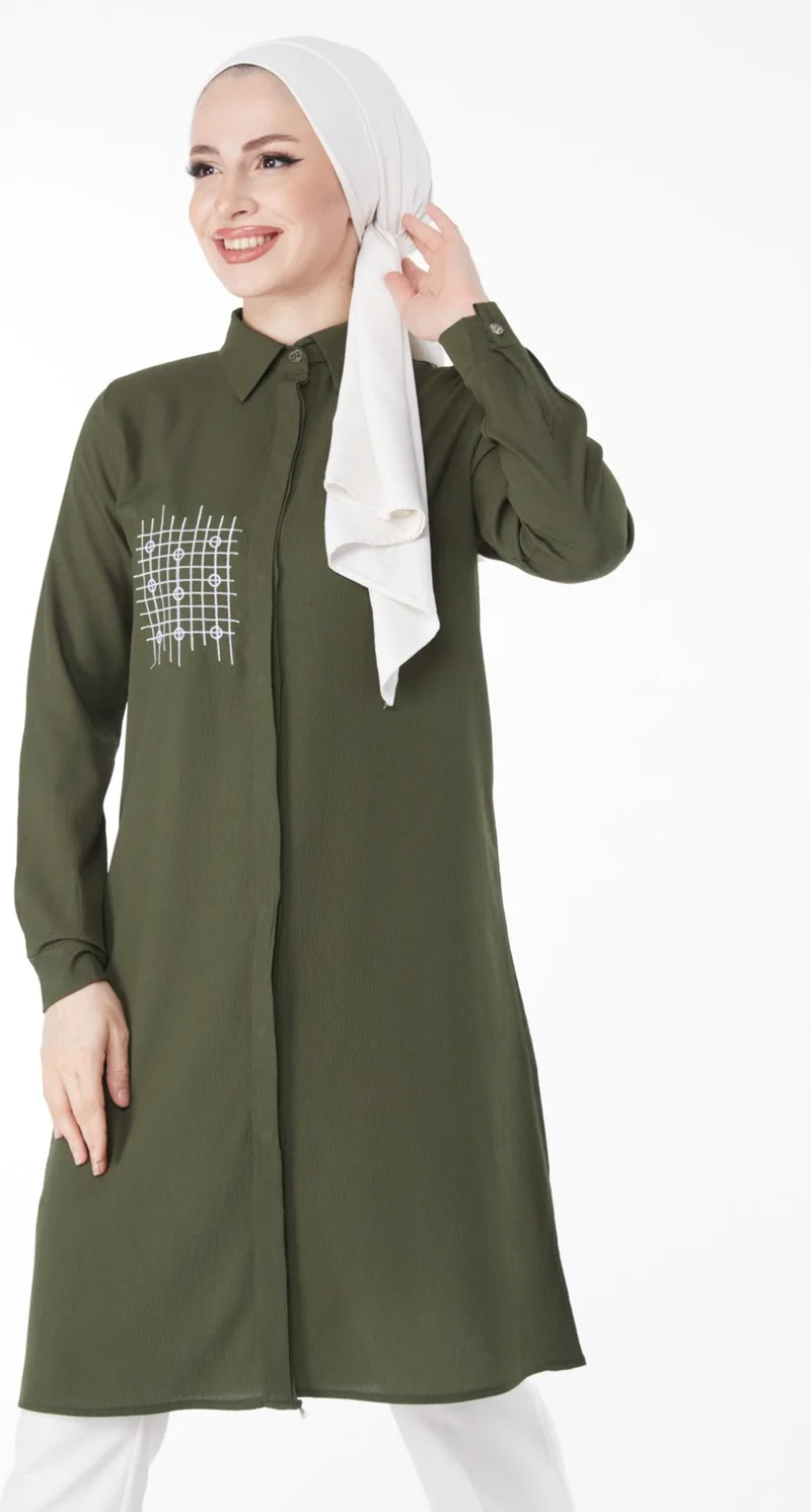 Tofisa Plain Shirt Collar Women's Khaki Pocket Embroidery Detail Tunic - 13123
