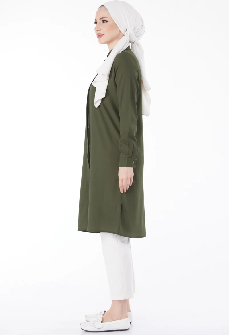 Tofisa Plain Shirt Collar Women's Khaki Pocket Embroidery Detail Tunic - 13123
