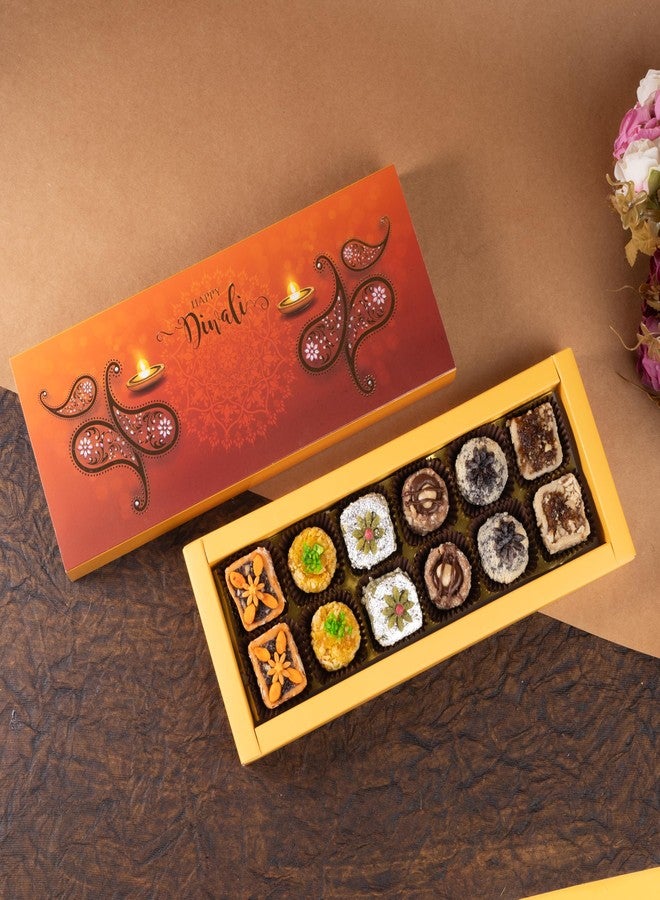 Jaiccha Ghasitaram Gifts Jaiccha Diwali Gift - Happy Diwali Box of Assorted Dry Fruit Sweets 12 pcs|Sweets|Sweets Gift Pack|Diwali Sweets|Indian Mithai|Diwali Sweets Gift Box|Sweets Gift Box - Image 1
