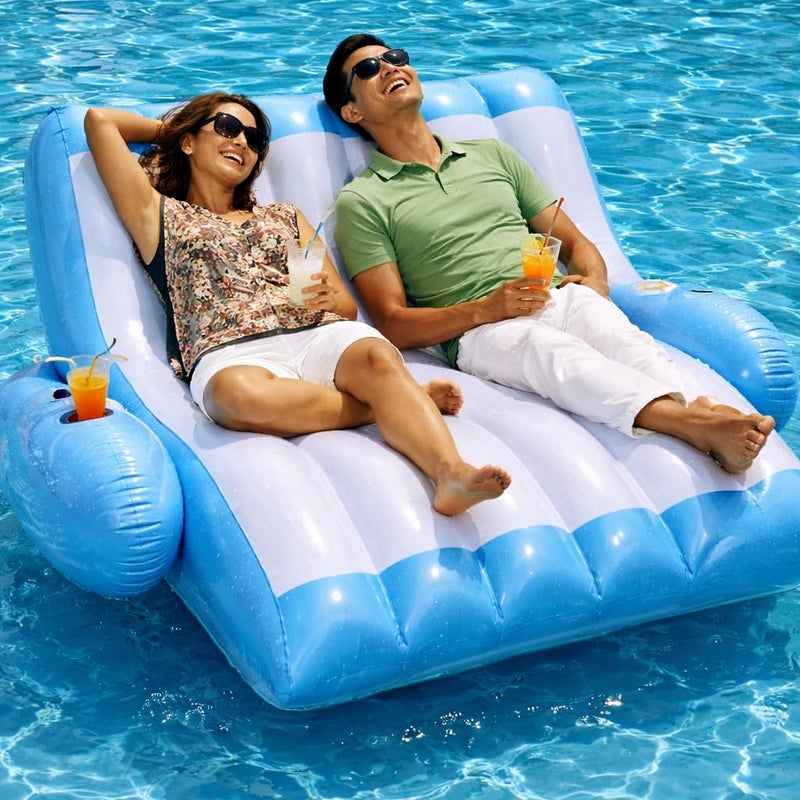 4E's Novelty 4Es Novelty Two Person Inflatable Pool Recliner Adult Pool Lounger Float with Cup Holder Heavy Duty Lounger for Adults Floating Recliner Blow Up Floaties Water Floaty Lake Beach Tanning Float - Image 2