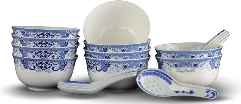 Festcool 10 Pcs Fine Bone China Blue and White Chinese Soup Bowls Ceramic Porcelain Bowl, with Free 10 Porcelain Spoons Rice Bowl - Image 1