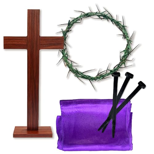 MLOLM Easter Standing Cross Decor with Purple Scarf & Thorn Crown and 3Pcs Crucifixion Nails-Wooden Tabletop Cross with Base for Church, Baptism, Home Altar Religious Easter - Image 1