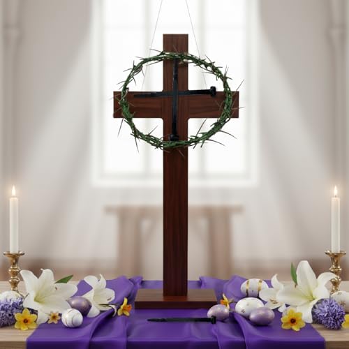 MLOLM Easter Standing Cross Decor with Purple Scarf & Thorn Crown and 3Pcs Crucifixion Nails-Wooden Tabletop Cross with Base for Church, Baptism, Home Altar Religious Easter - Image 4